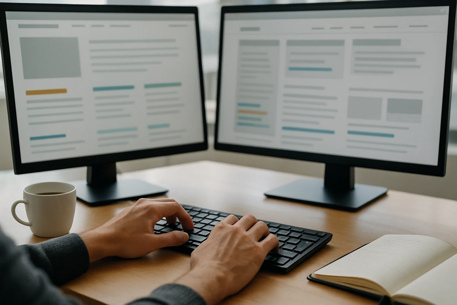 Développeur naviguant au clavier devant deux écrans affichant des maquettes de pages web structurées