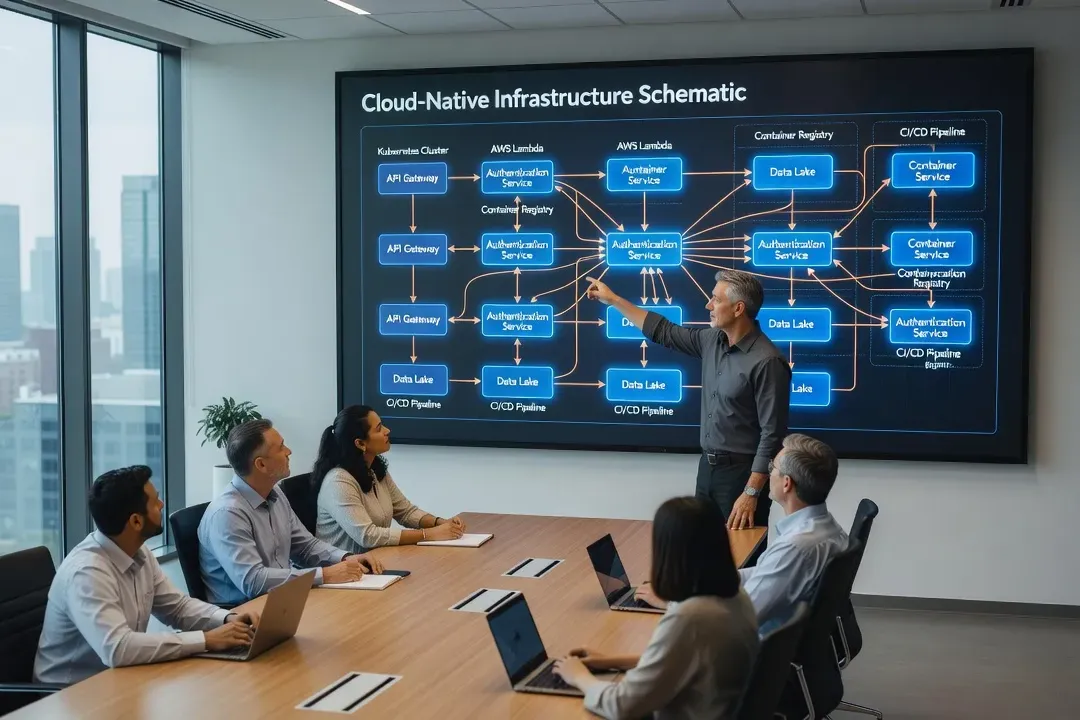 Tableau d'architecture cloud-native — microservices, containers et API gateway en 2026