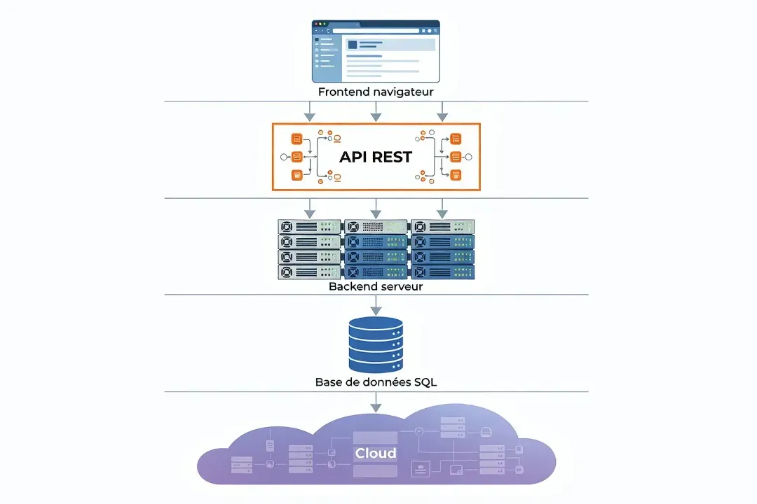 Schéma visuel montrant les couches d'une application web : frontend, backend, API, base de données, cloud