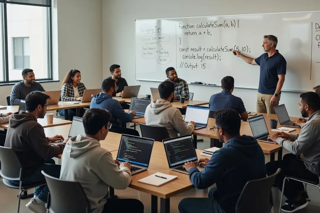 Salle de formation d'un bootcamp développement web en 2026 — travail en groupe sur des projets React.js