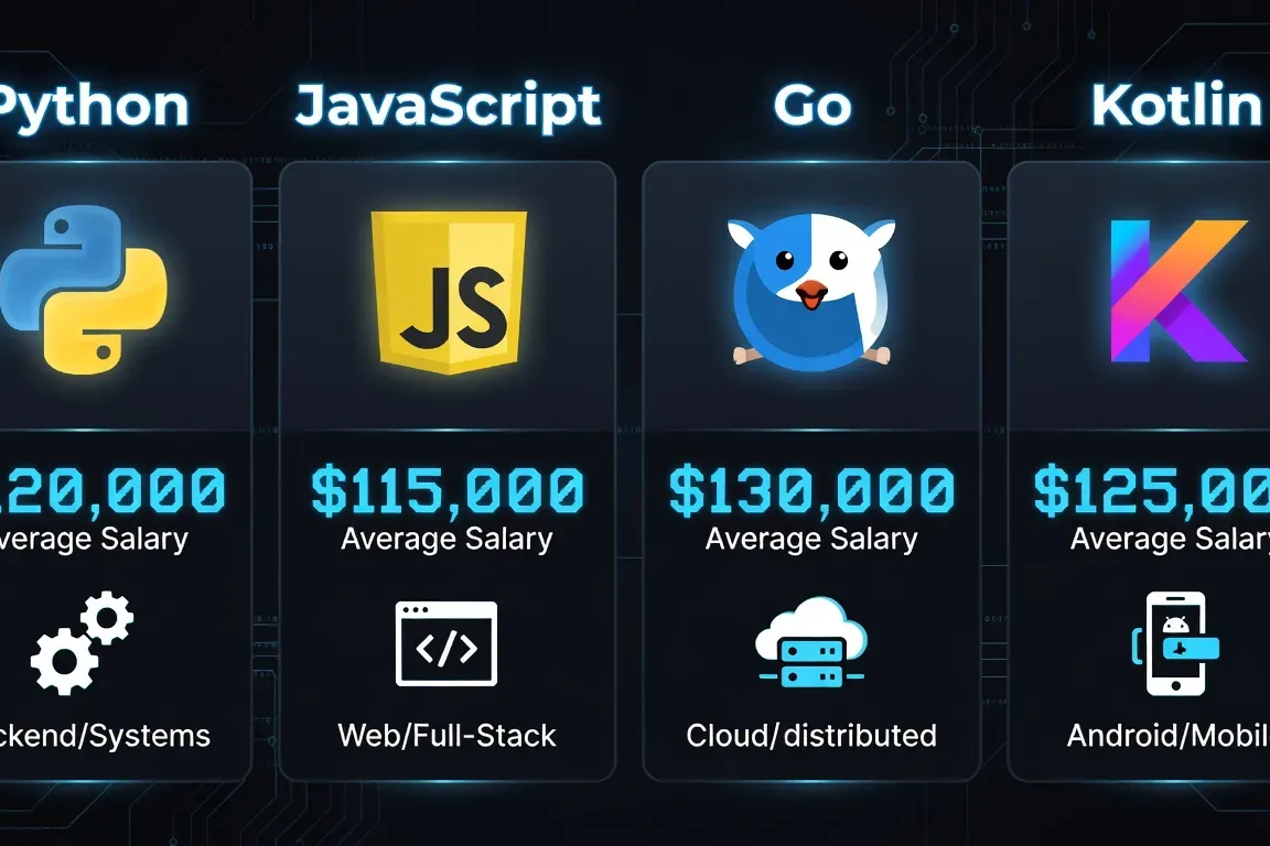 Comparatif Python, JavaScript, Go et Kotlin avec indicateurs de salaire et marché de l'emploi