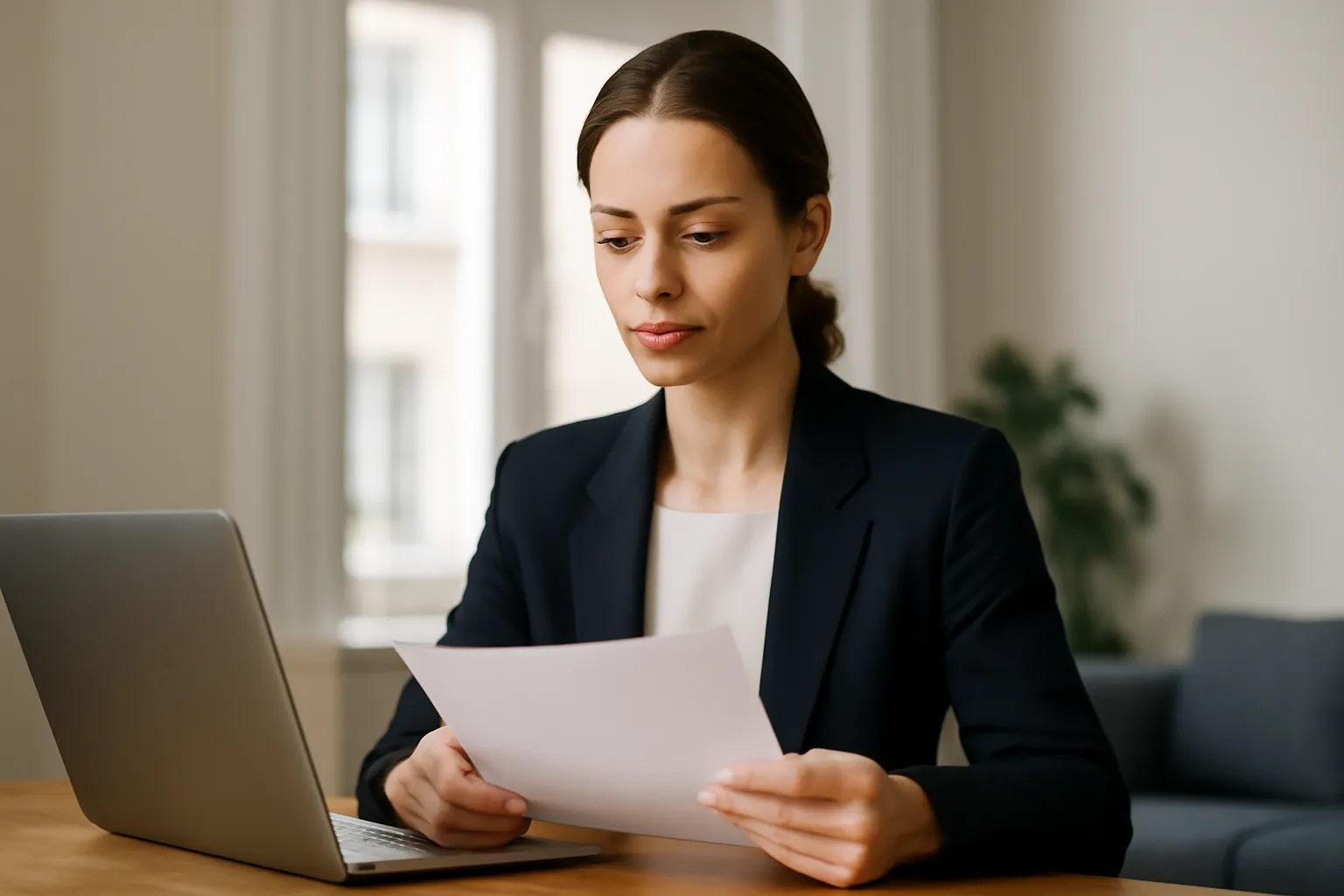 Développeuse freelance examinant un contrat papier à côté de son ordinateur portable