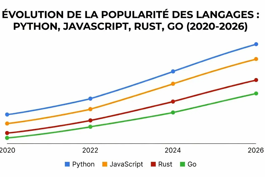 Graphique courbe d'évolution des langages Python, JavaScript, Rust, Go de 2020 à 2026, style infographie tech