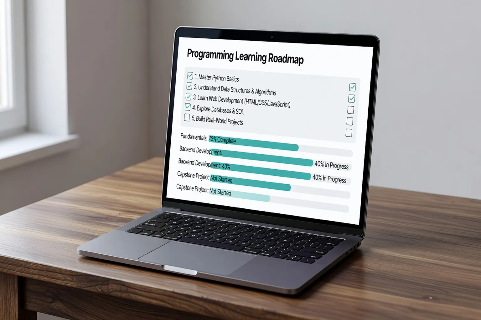 Feuille de route d'apprentissage de la programmation sur un ecran avec checklist et progression
