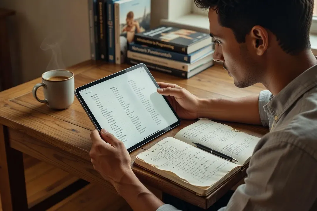 Débutant consultant un dictionnaire numérique de termes tech sur tablette, ambiance pédagogique chaleureuse