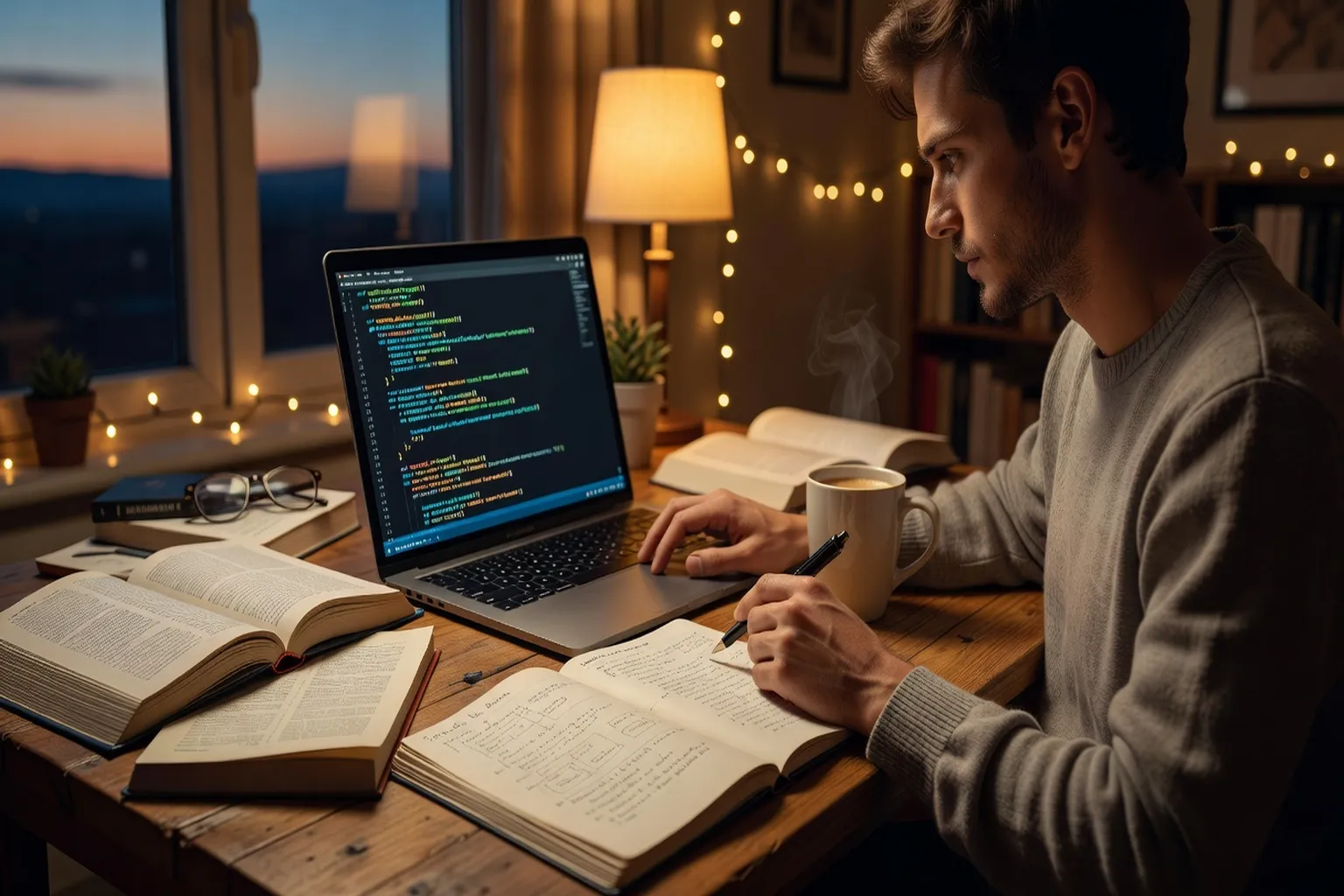 Personne apprenant la programmation sur son ordinateur portable a la maison avec cahier et cafe