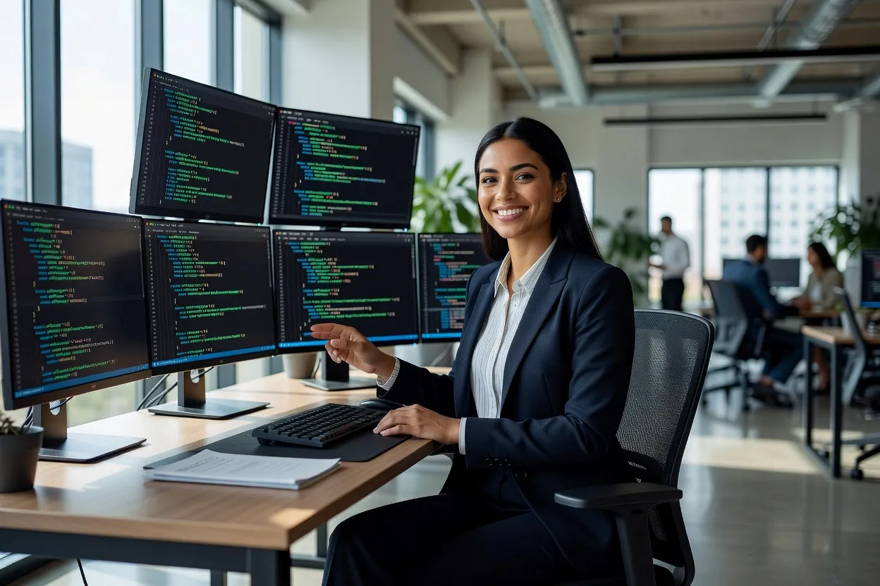 Jeune développeur souriant testant une API Node.js sur plusieurs écrans dans un bureau moderne