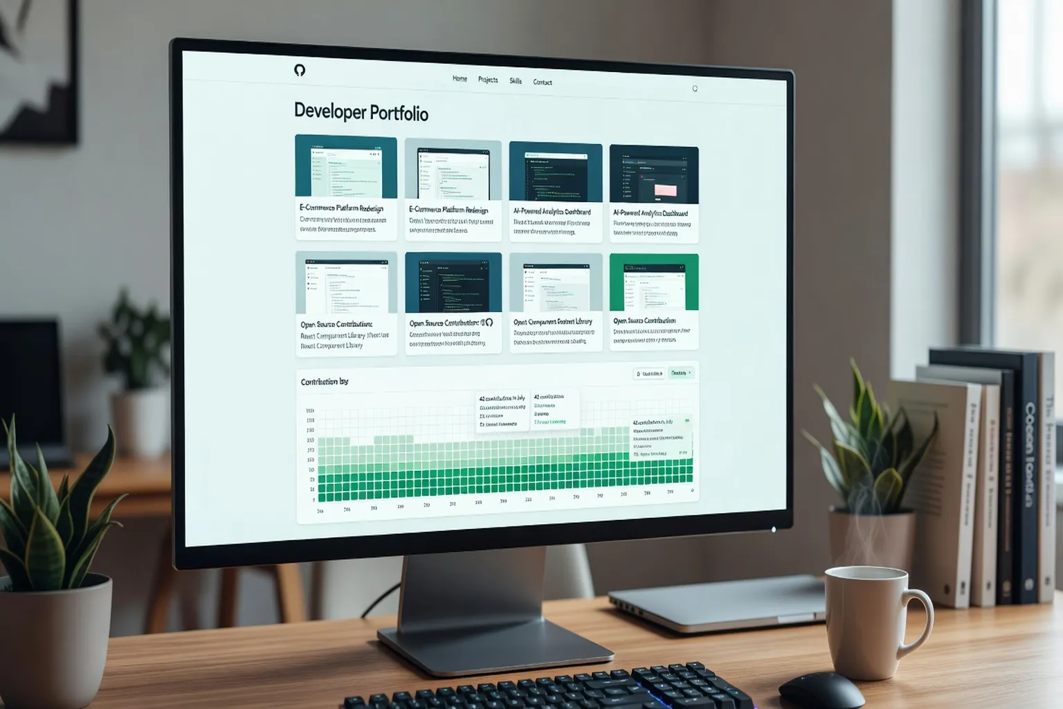Site portfolio de developpeur affichant des projets et des contributions GitHub