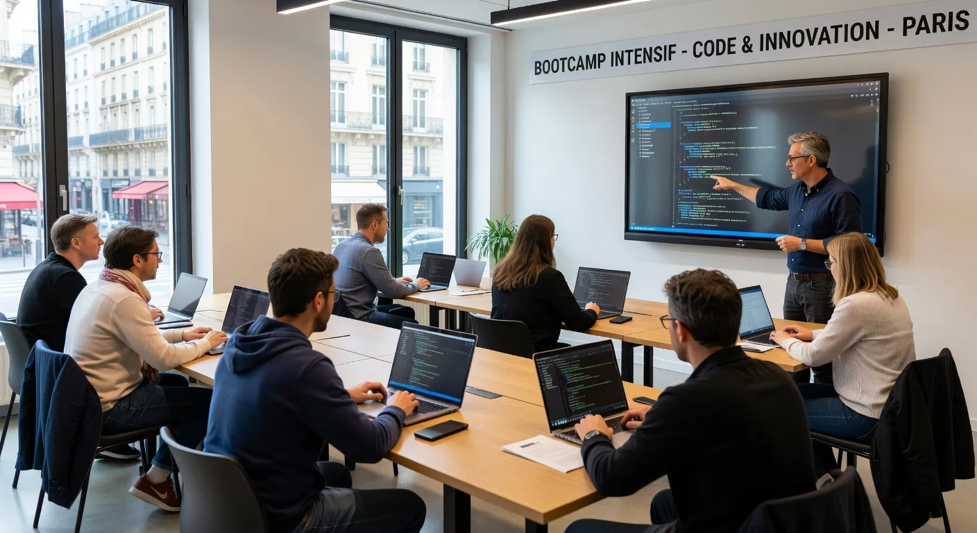 Adulte de 35 ans en reconversion devant son ordinateur dans un bootcamp