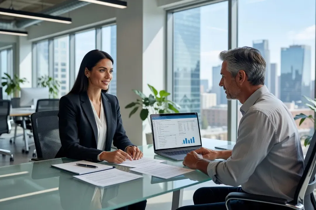 Développeuse négociant son salaire avec un manager dans un bureau tech moderne, documents et ordinateur portable sur la table