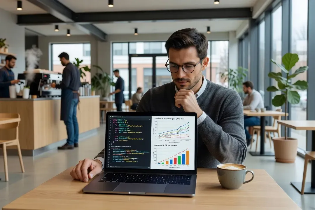 Développeur consultant des graphiques de tendances technologiques sur laptop dans un café moderne en 2026