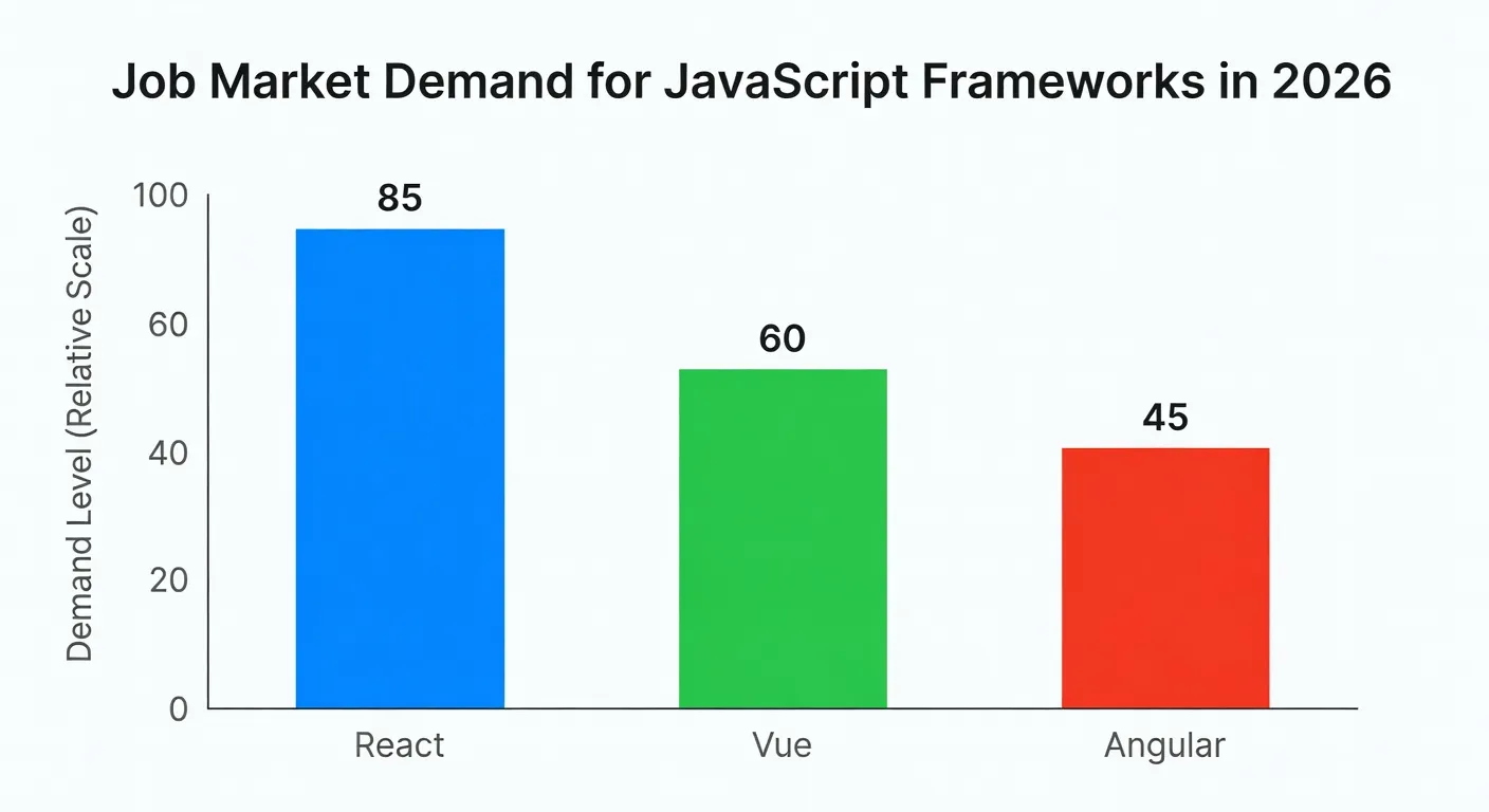 Graphique comparatif des offres d'emploi React Vue Angular en France en 2026