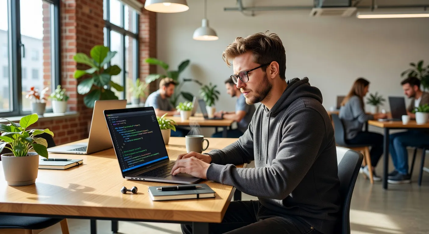 Développeur frontend travaillant sur son code React avec laptop et écrans dans un bureau moderne