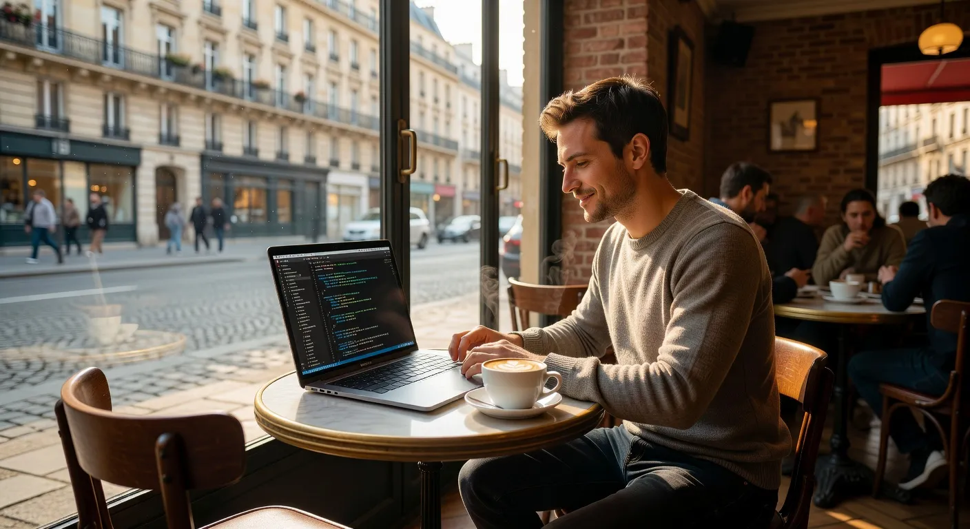 Développeur avec son laptop dans un café, travaillant en full remote