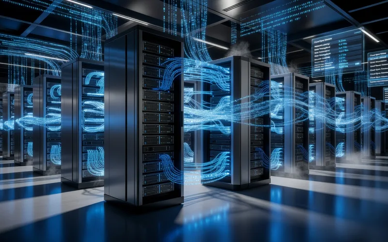 Infrastructure cloud computing avec serveurs, reseaux et tableaux de bord de monitoring dans un data center moderne