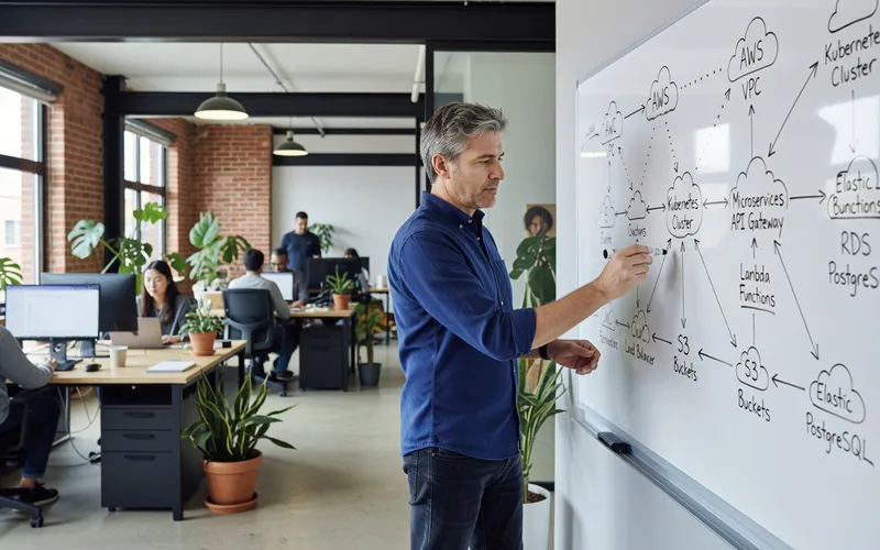 Les differents roles du cloud computing : architecte, DevOps, SRE, securite et data engineer positionnes sur un schema d'infrastructure cloud