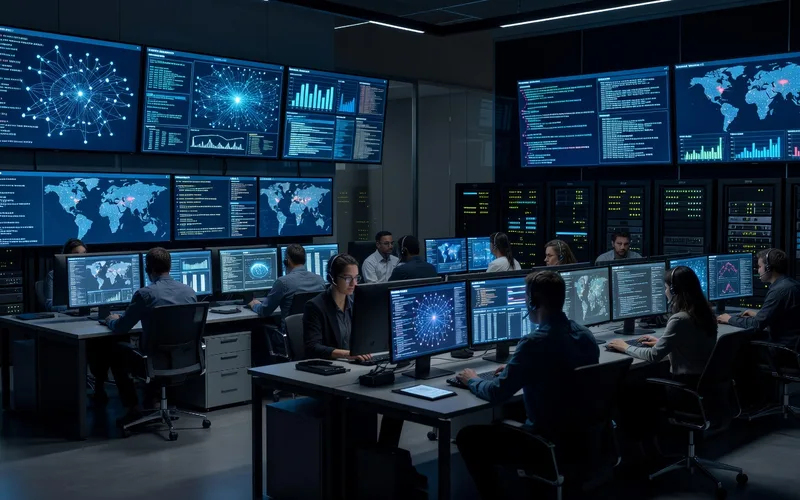 Professionnel en cybersecurite analysant des donnees de securite sur plusieurs ecrans dans un centre d'operations de securite