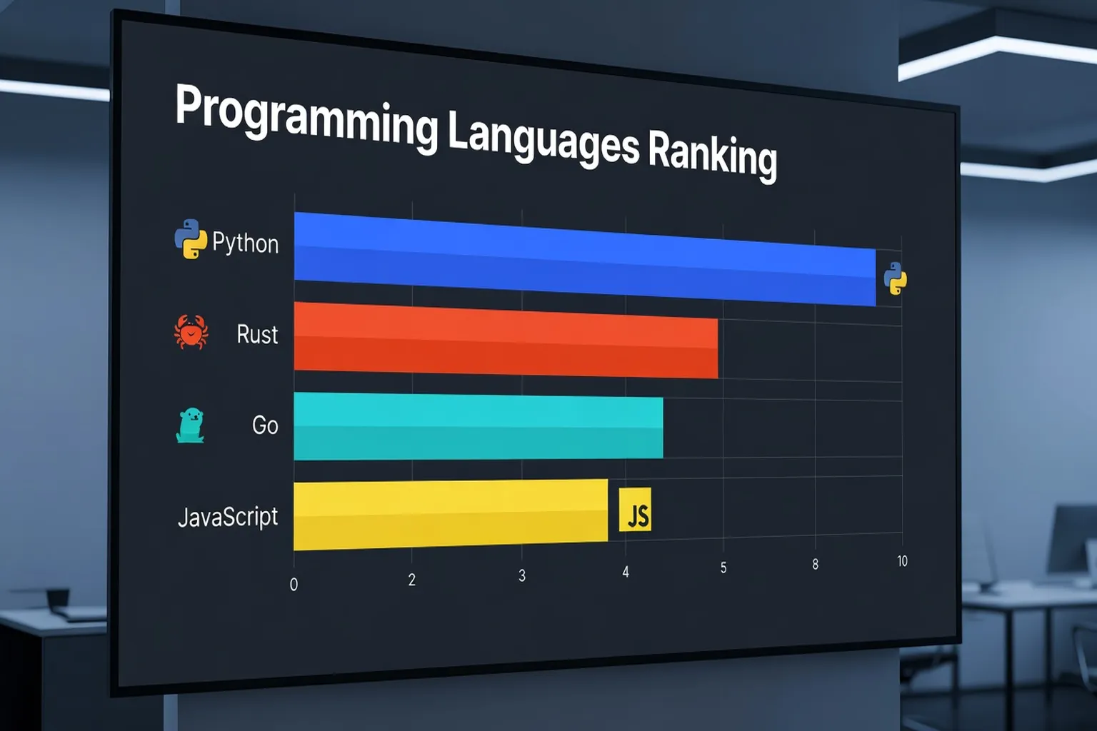 Tableau de bord numerique affichant le classement des langages de programmation 2026 avec graphiques en barres