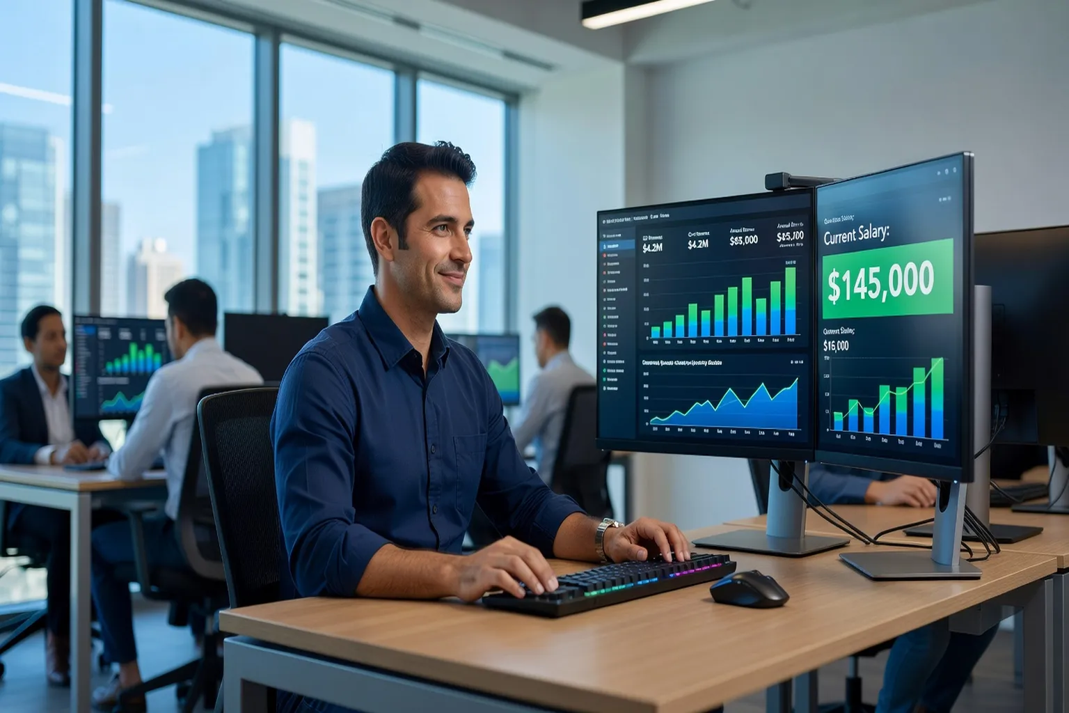 Programmeur en environnement professionnel avec tableau de bord financier affichant des donnees salariales