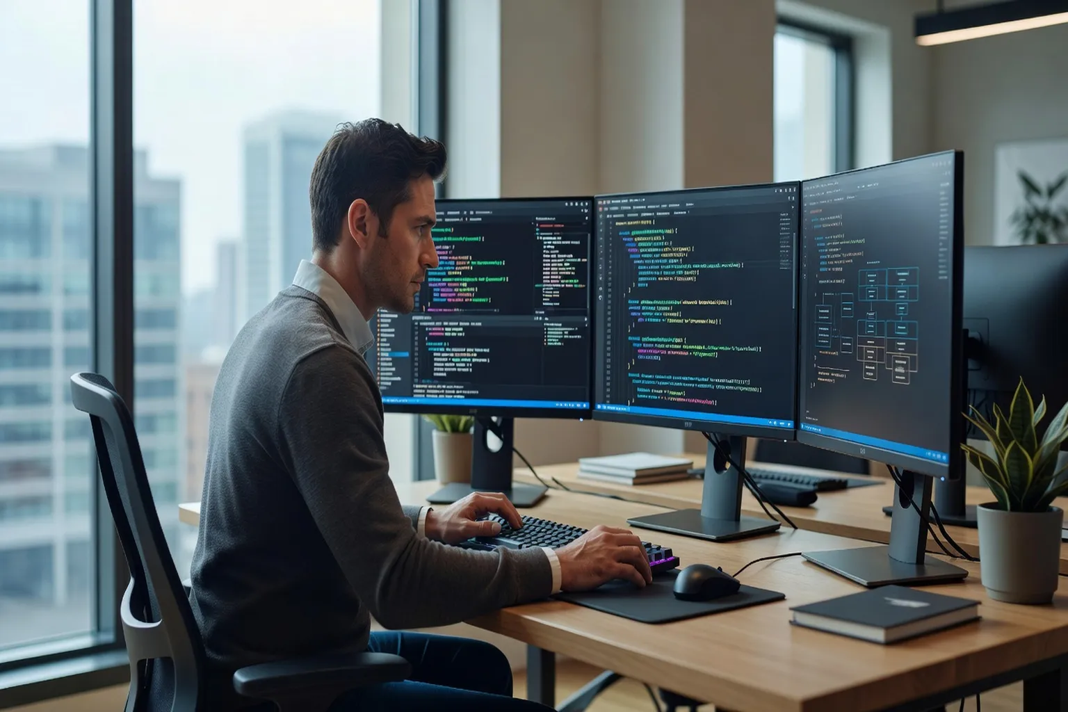 Developpeur debutant a son poste de travail avec plusieurs ecrans affichant du code