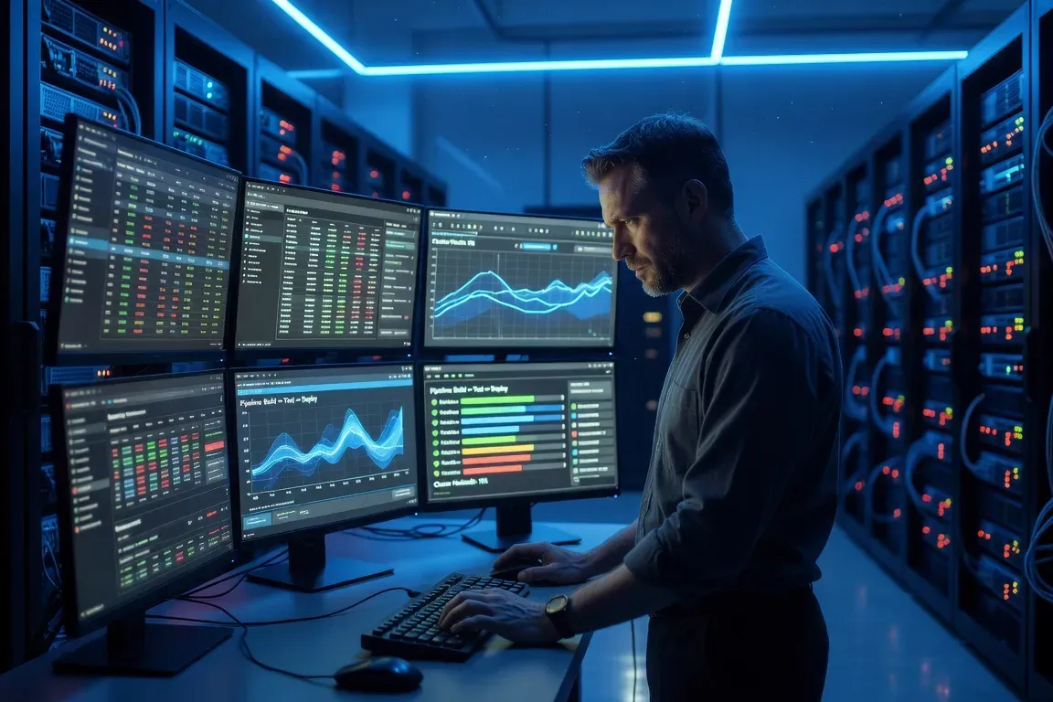 Ingénieur DevOps devant des écrans affichant des pipelines CI/CD et des dashboards de monitoring