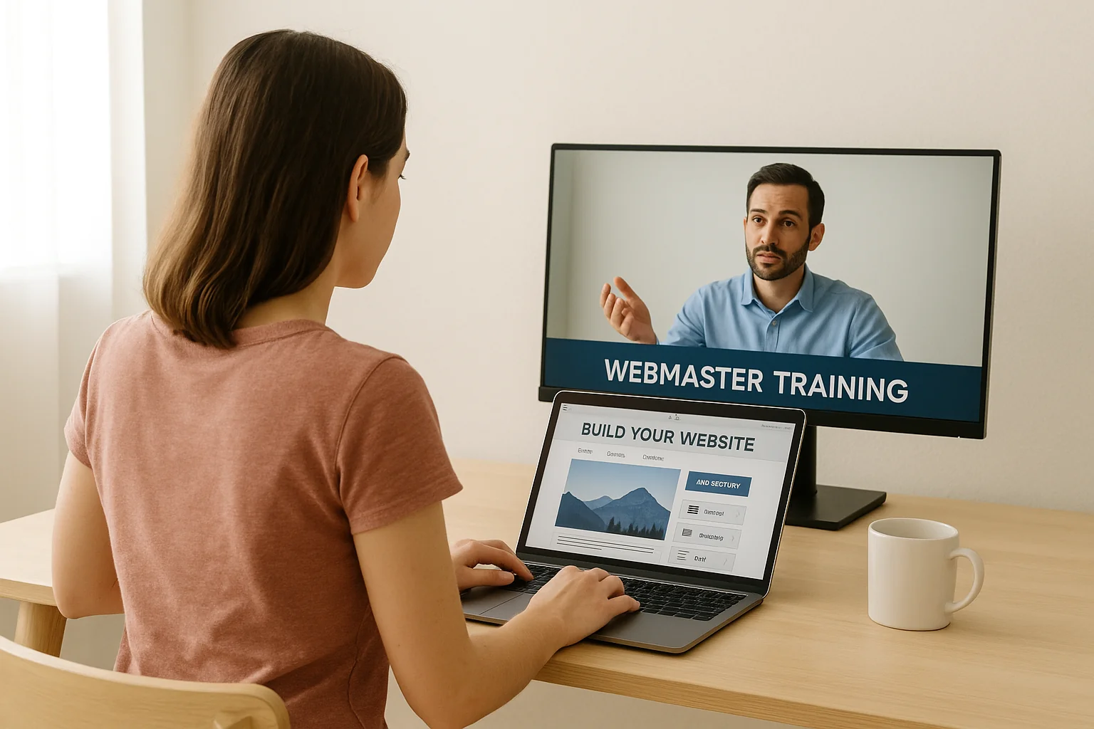 Webmaster travaillant sur un tableau de bord WordPress avec graphiques de performance SEO