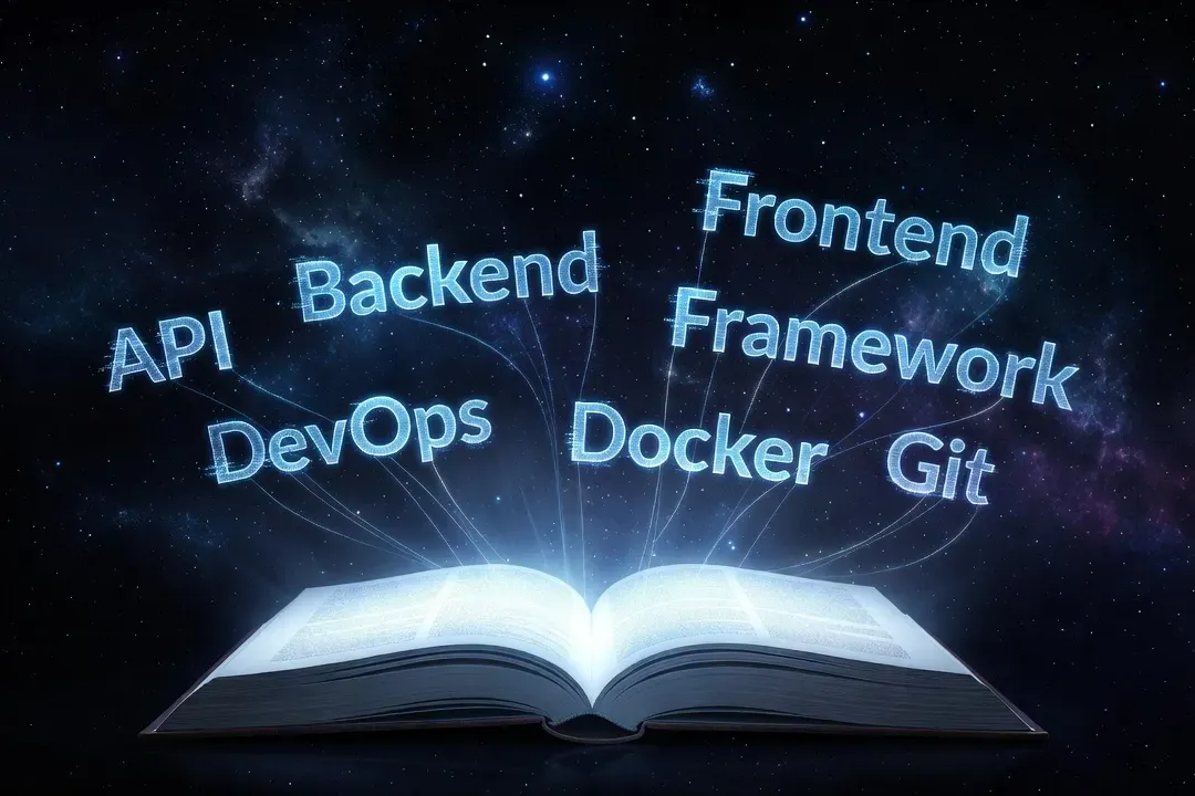 Livre ouvert avec termes de développement web apparaissant comme des mots lumineux : API, Backend, Frontend, Framework, DevOps