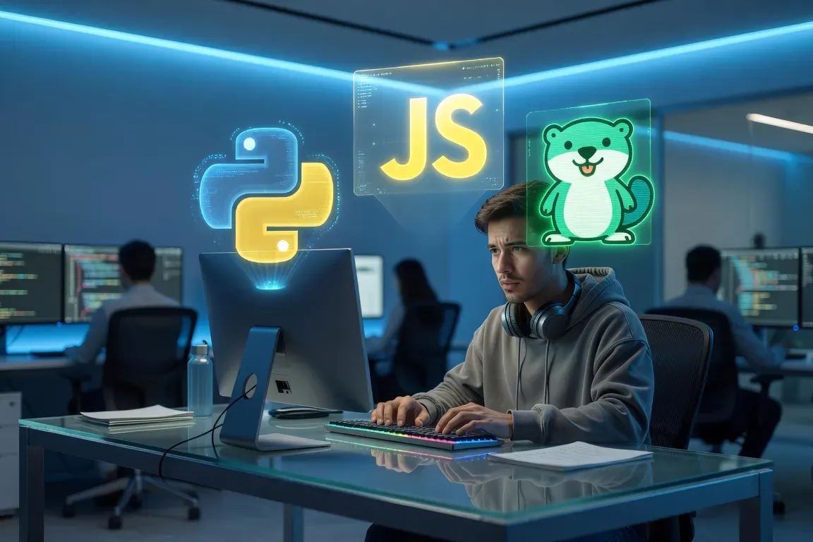 Débutant en programmation apprenant Python et JavaScript devant un écran avec logos de langages