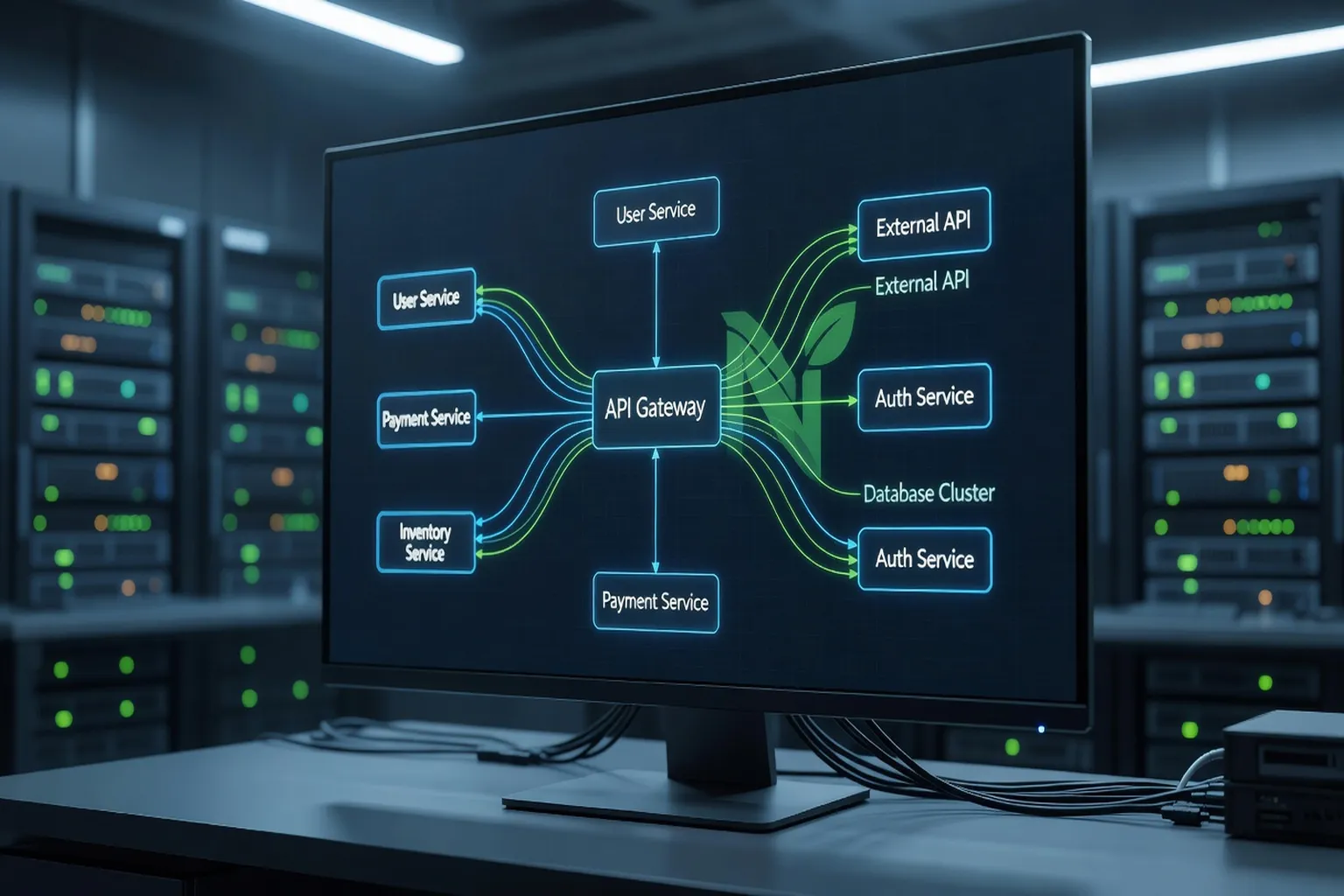 Diagramme d'architecture Node.js avec microservices et connexions API sur ecran moderne