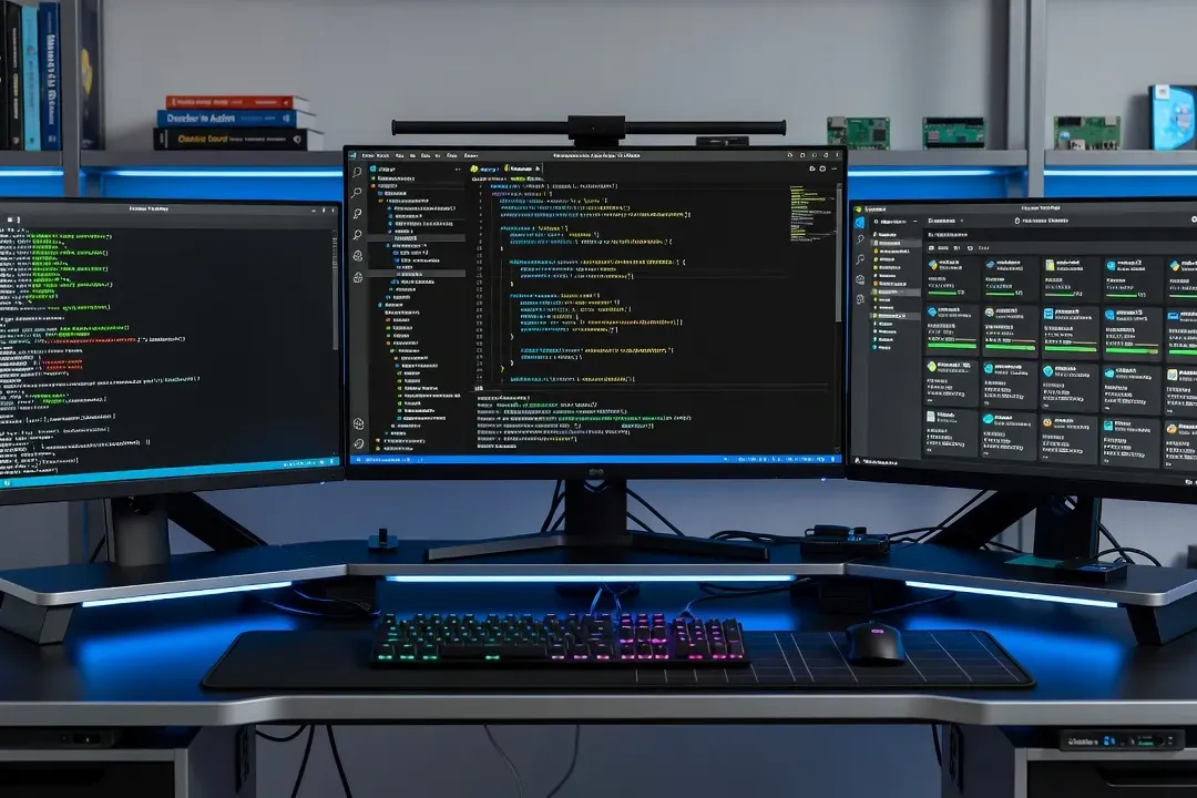 Bureau de développeur ultra-équipé avec multiples écrans, Docker containers visibles, VS Code ouvert, éclairage LED bleu 2026