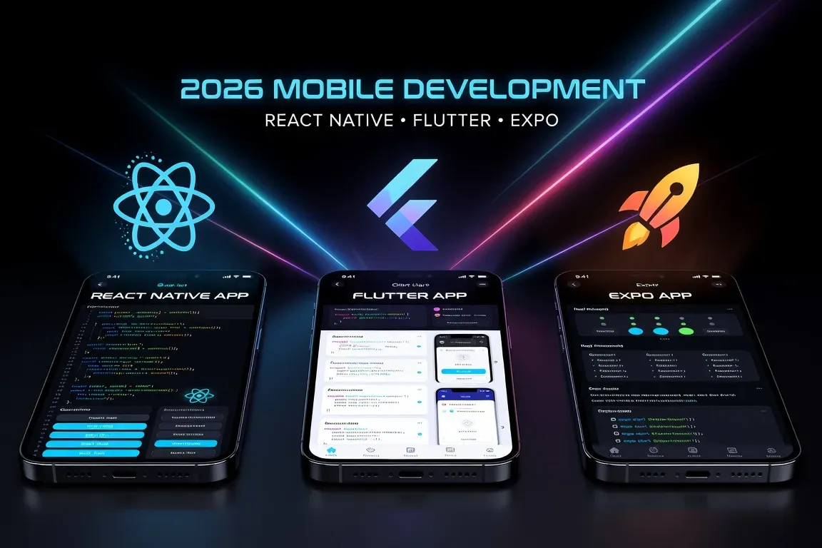 Trois smartphones montrant React Native, Flutter et Expo côte à côte avec leurs logos respectifs