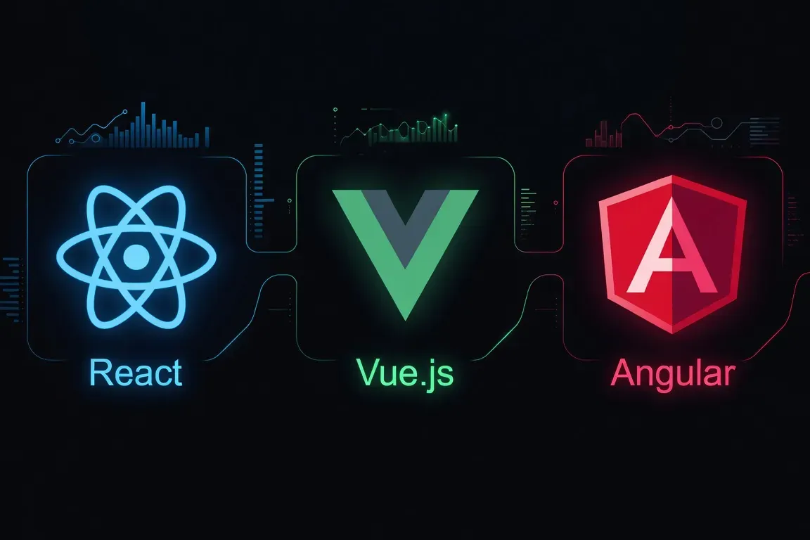 Logos React Vue.js et Angular sur fond sombre avec graphiques de popularité 2026