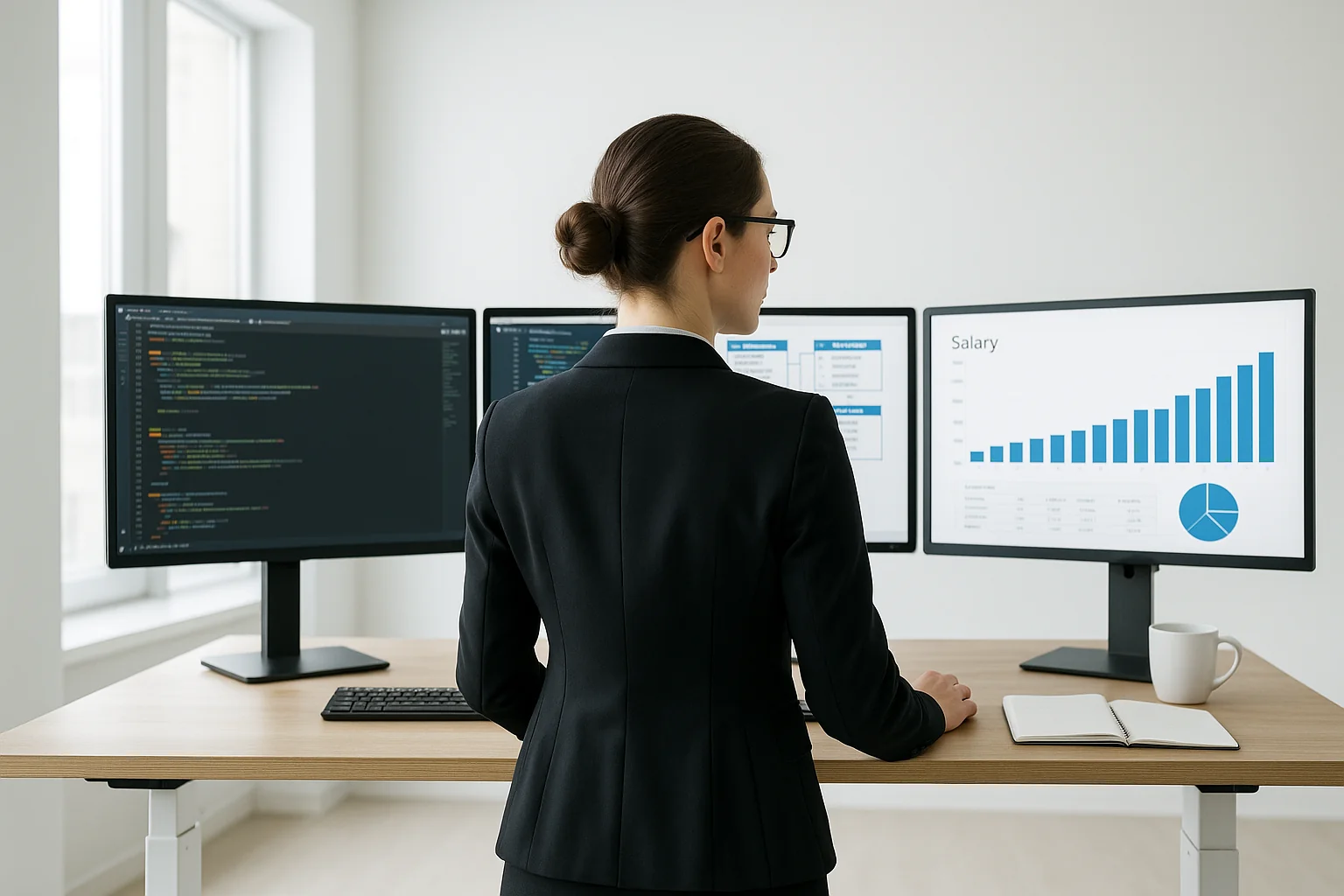 Analyste programmeur consultant des données techniques sur deux écrans dans un bureau moderne