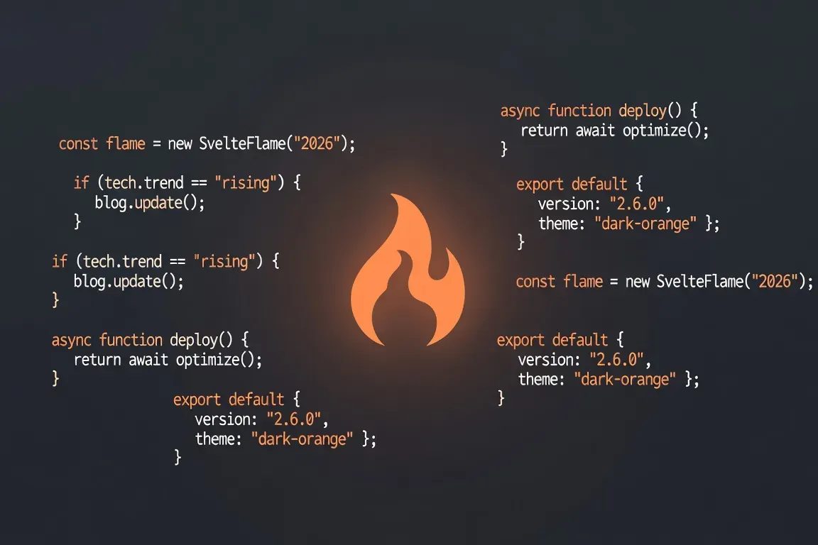 Logo Svelte orange brillant sur fond sombre avec des extraits de code JavaScript modernes