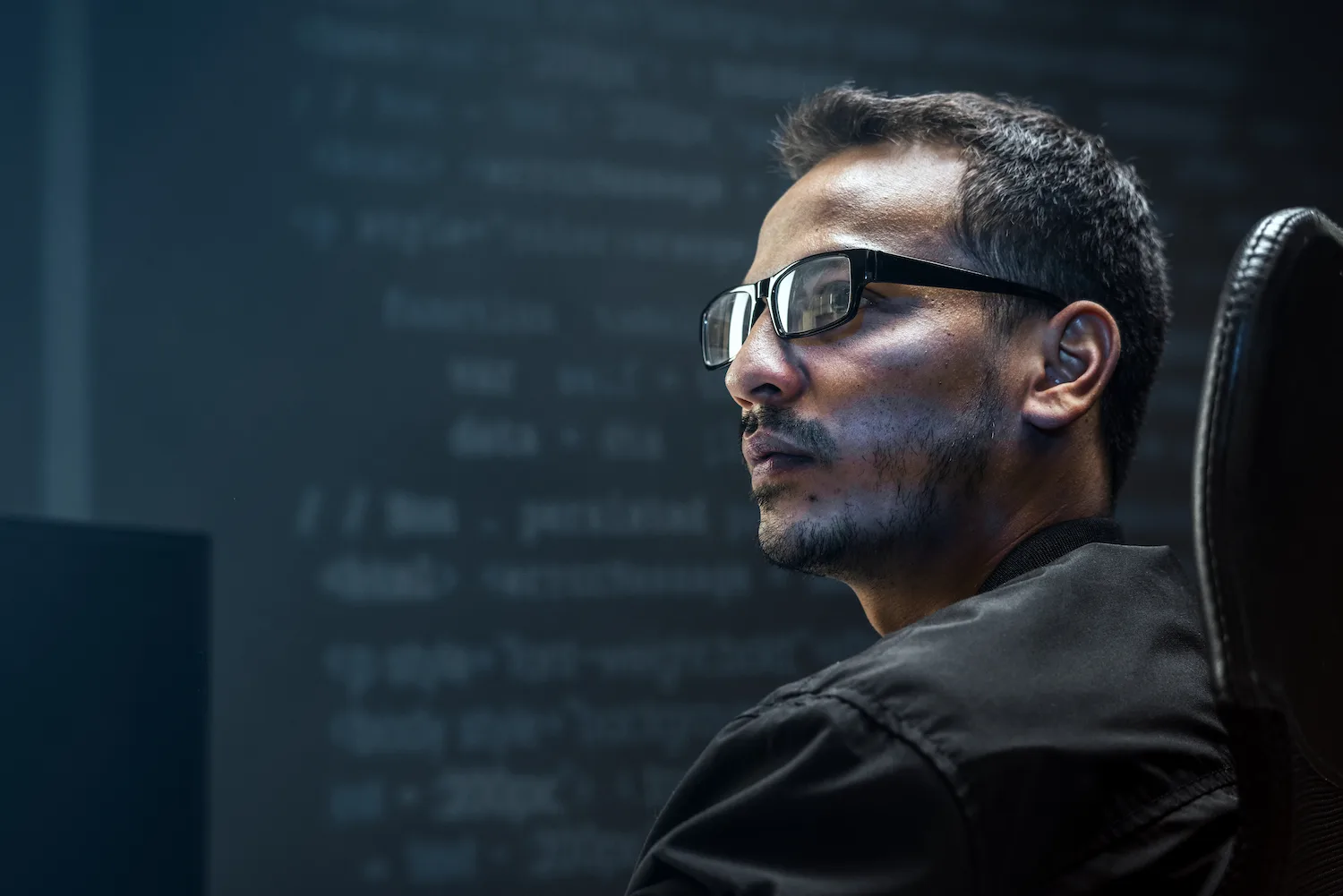 Homme analysant du code binaire sur un ecran virtuel, symbolisant l'architecture web et cloud dans l'industrie du futur