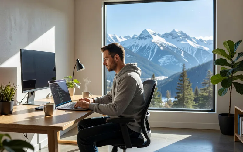 Developpeur travaillant en remote depuis un bureau a domicile bien amenage avec double ecran et vue sur l'exterieur